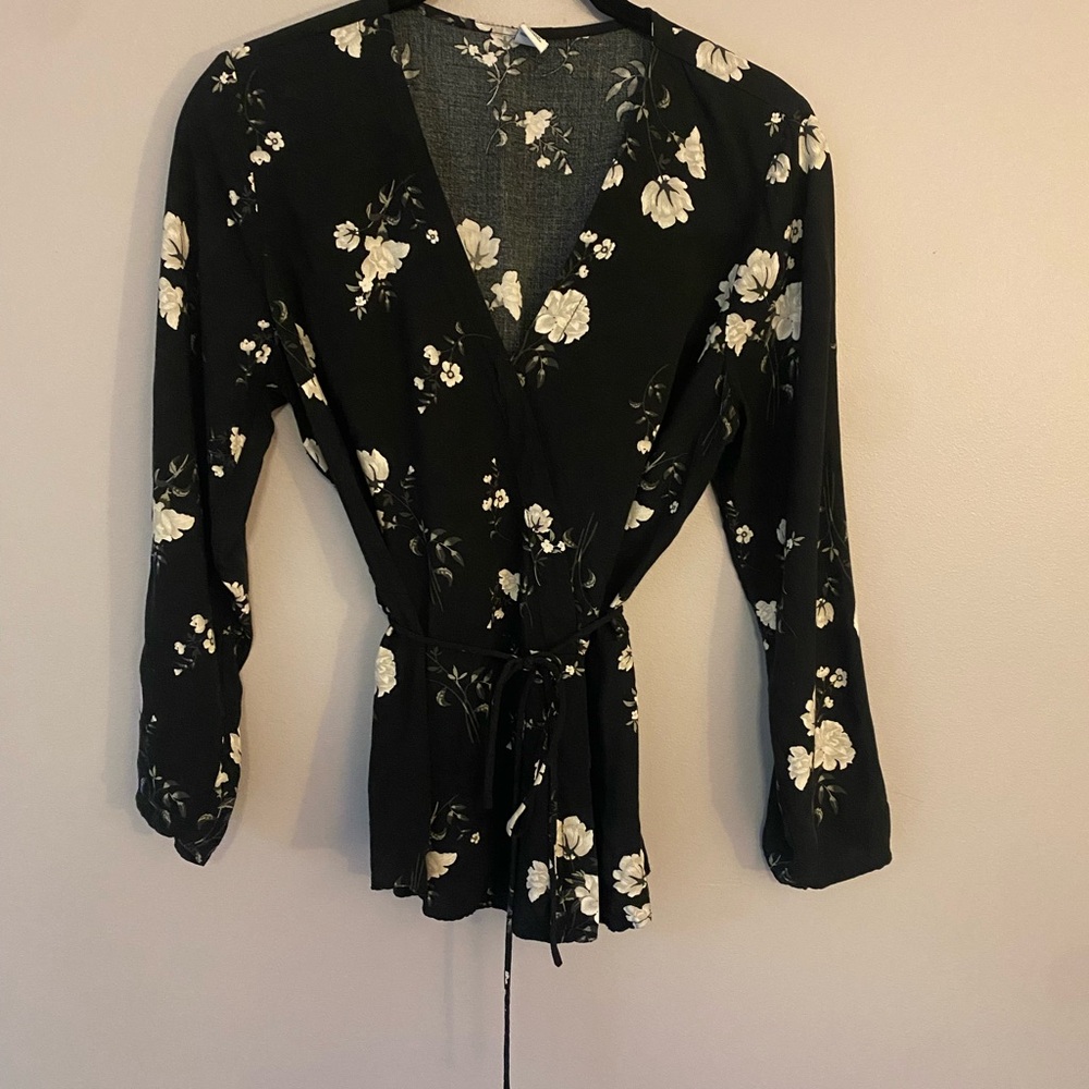 Old Navy Black Floral Wrap Blouse